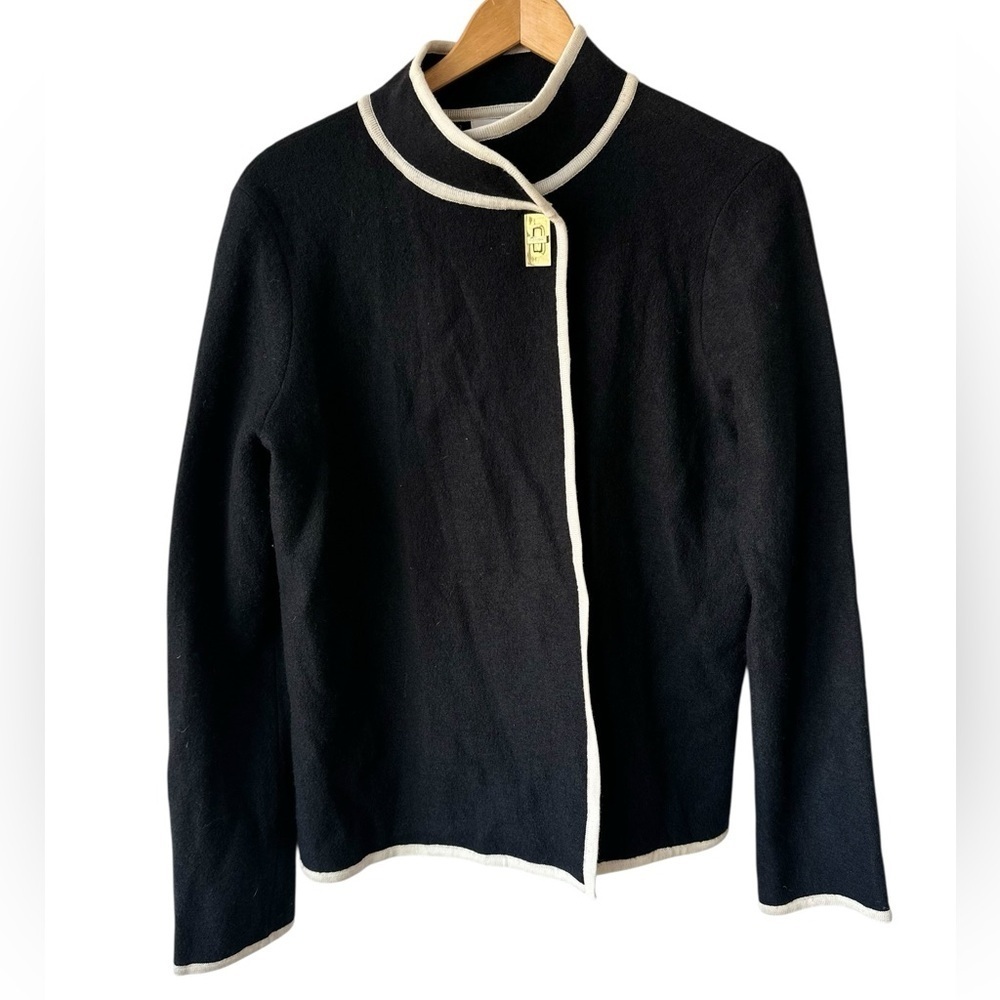 Calvin Klein Women's Sz. S Black & Ivory Wool Blend Single Clasp Cardigan NWT